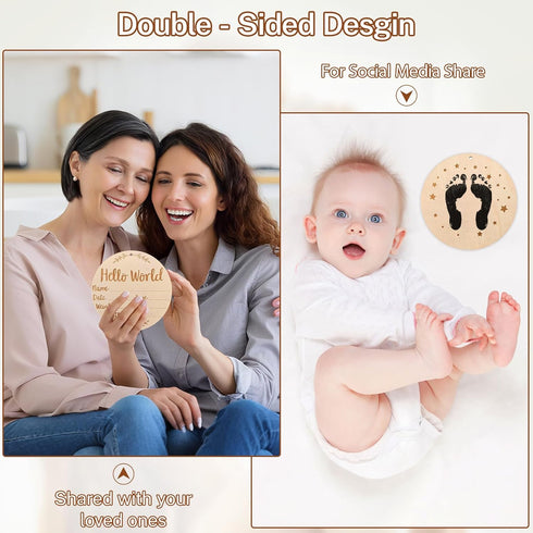 Mindow 5.9 Inch Baby Announcement Sign, Round Wooden Hello World Newborn Sign Keepsake with Ink Pad for Hand