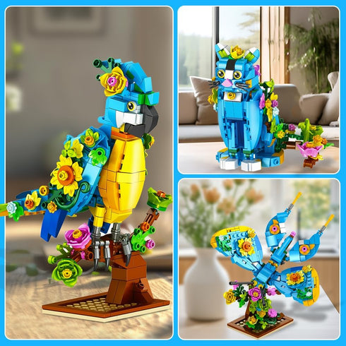 3 1 Set, 412 6 7 8 9 10 11 12+ INSOON in Flower Cat Parrot Butterfly Building Animal Figures Building Toy for Home