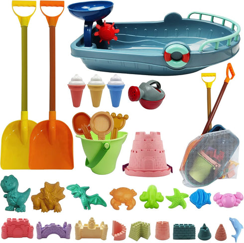 IOKUKI Long Shovels Sand Toys Set with Mesh Bag Including Bath Boat,