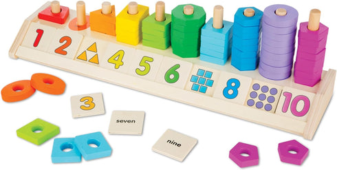 Melissa & Doug Counting Shape Stacker, Wooden Educational Toy with 55 Shapes and 10 Number Tiles for Kids