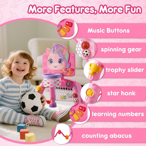 JMMICO 1 2 3 Toddler Basketball Hoop & Soccer Goal Activity Center, Interactive Toys with Light Music,Unicorn Toddlers