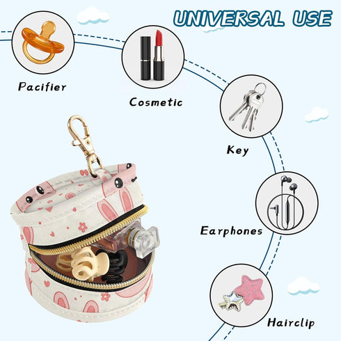 PYBUG Bunny Round Pacifier Storage Case, Polyester & TPU Lined with Hook Buckle, Pacifier Container Box for Baby