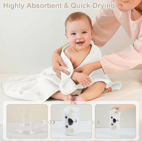 100% 30 30 inch, FIOBEE Hooded Baby Towels Muslin Baby Bath Towels for Newborn with Animal Design Ultra-Soft