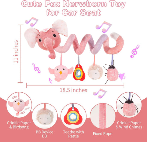 Baby Toys 0-6 Months, Spiral Plush Car Seat Toys for Crib, Sensory Squeaker Teether Rattles, Ideal Gifts for 0-12 Months
