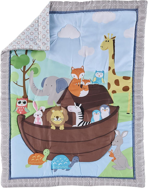 CribMATE 2 Set Set Blue Noah's Ark Theme Nursery Crib Bedding PCs Quilt Fitted Sheet Animal Thematic Baby Cot Bedding
