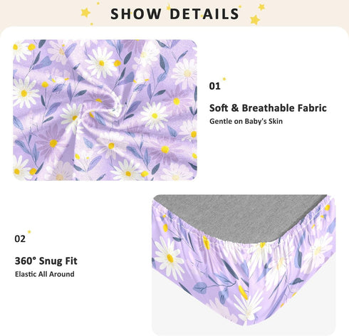 miaozhen 1 Pack 52x28 Cotton Crib Sheets for Baby Boys Girls Soft Sunflower Pastel Purple Yellow Playard Mattress