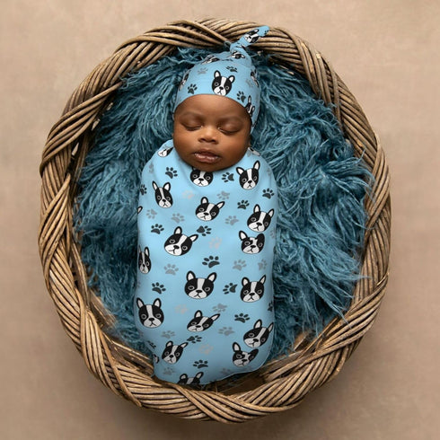 Set Cute Boston Terrier Puppy Newborn Swaddle Blanket with Beanie Soft Baby Sleep Sack Stretch Adjustable Swaddle Wraps