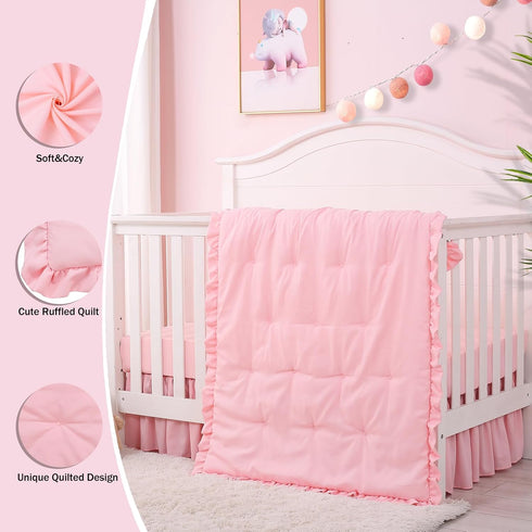 3 Set Set Cloele Pieces Crib Bedding for Girls- Solid Ruffle Quilted Includes Comforter Fitted Sheet Crib Skirt,Cute