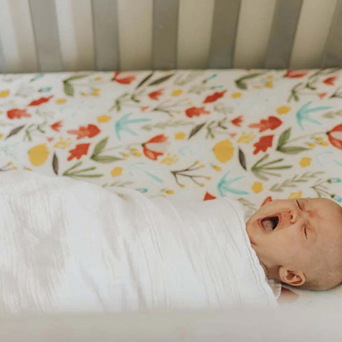100% 52 28 9 Little Unicorn Meadow Fitted Crib Sheet | Fitted Crib Sheet | Cotton Muslin | Super Soft | Sized
