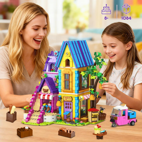 1084PCS Set 8-12+ HOGOKIDS Girls Friends Baking House Building Toy with LED Light - Beekeeping & Bakery Building