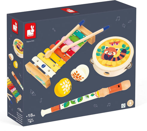 Janod Gioia Music Set with Tambourine, Recorder, Maracas, and Xylophone, 15" Long, Ages 18 Months - 5 Years