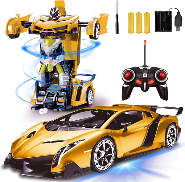 AMENON Remote Control Transform Car Robot Boys Toys with Lights, 2.4Ghz 1:18 Rechargeable 360° Rotating Race Car