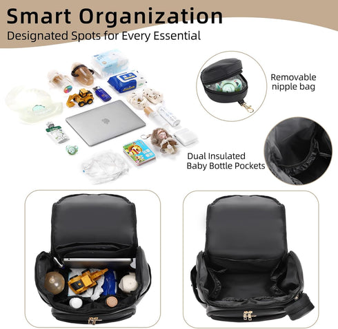 vosmles Backpack, Large Leather Diaper Bag Baby Travel Bag with Changing Pad, Insulated Pockets, Stroller Straps