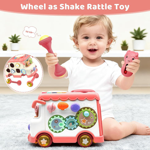 DELUTIQUE 1 12-18 1-3, 1st Baby Bus Toy for Year Old Girl Gifts, Montessori Musical Bus Toy for Baby Months, Baby Piano