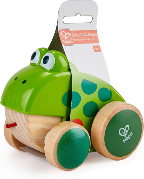 Frog Pull-Along by Hape | Wooden Frog Fly Eating Pull Toddler Toy, 4.6 x 3.3 x 3.8 inches, Green