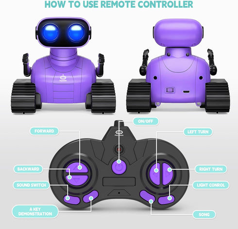 Rechargeable Emo Robot Toy, Remote Control Robot with Auto-Demonstration, Smart Robot Gift for Kids Age 3+ Purple