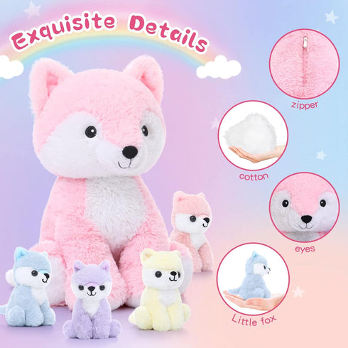 Muiteiur 5-Piece Mommy & Baby Fox Plush Set, Soft Stuffed Animals for Kids, 20-inch Pink Gift for Birthdays