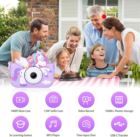 Unicorn Toys Camera for Kids Girls Age 3-8, Digital Selfie Video Camera with HD 1080P, 32GB SD Card, Purple