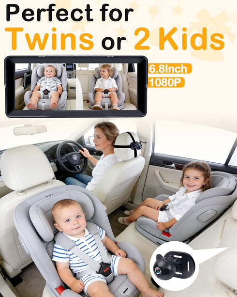 Thybro 1080P 6.8" 2-Kids Setup Dual Baby Car Camera: Night Vision Monitor from Head to Toe at Once - USB Plug & Play