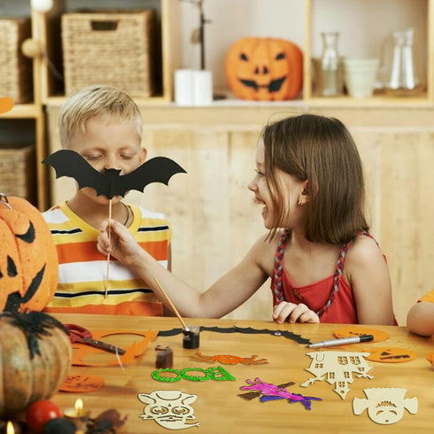Max Fun 60PCS Halloween Crafts, Painting Wooden Slices Cutouts for Kids DIY Hanging Decorations
