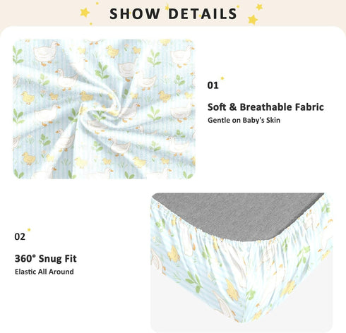 miaozhen 1 Pack 52x28 Cotton Crib Sheets for Baby Boys Girls Soft Stretchy Cute Duck Duckling Grassland Blue Stripe