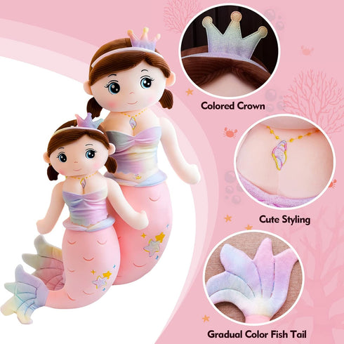 23.6in Mermaid Stuffed Animal Plush, Cute Soft Pink Hugging Mermaid Plushies Pillow Toys Kawaii Birthday Gift