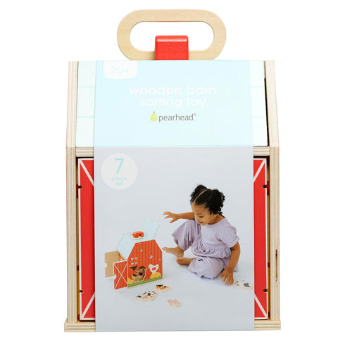 6 2 3 4 Pearhead Farm Animal Shape Sorter Wooden Barn with Chunky Animal Blocks, FSC-Certified, Flip-Up Roof & Carrying