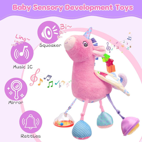 0-12 Car Seat & Stroller Toy for Girl - Musical Sensory Plush with Rattle & Mirror Baby Toys Months Hanging Travel