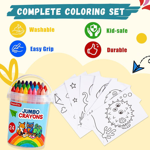 DreamCosy 1-3, 24 16 4-8, Triangle Jumbo Crayons for Toddlers Colors Washable Crayons with Printed Coloring Sheets