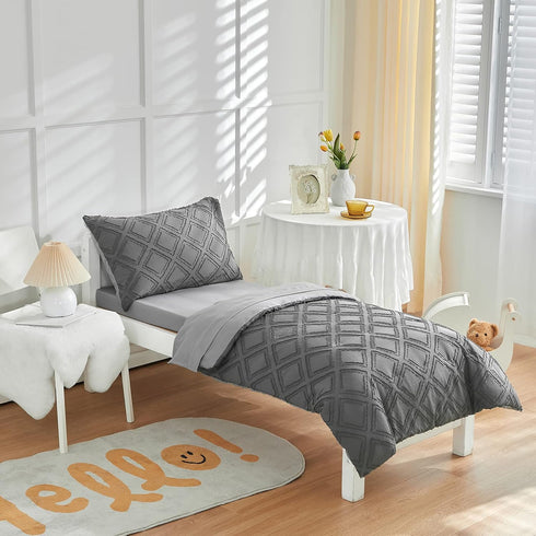 4 Set Pieces Tufted Toddler Bedding Dark Grey Jacquard Tufts, Soft and Embroidery Shabby Chic Boho Bohemian Design