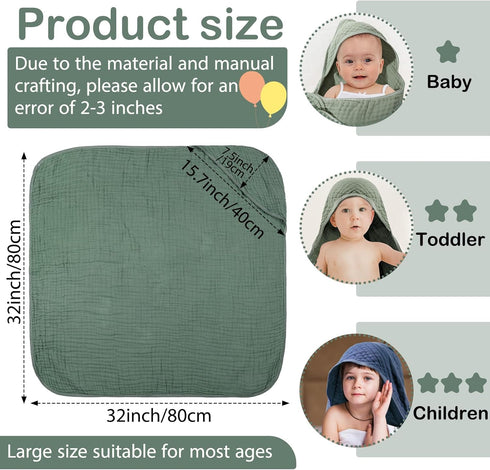 VitalCozy 6 (32 32 Inch,Green,Blue) Pcs Baby Muslin Hooded Bath Towels and Washcloths Muslin Cotton Hooded Baby Towels