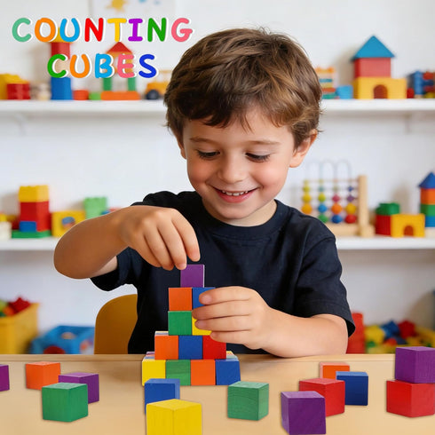 108 Pack 1 Inch 6 3+ Offelec Wooden Blocks, Colors STEM Math Sorting Toys, Wood Building & Stacking Blocks