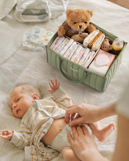 Blissful Diary Baby Diaper Caddy Organizer, Stylish Nursery Storage Basket for Baby Shower, Newborn Essentials - Sage