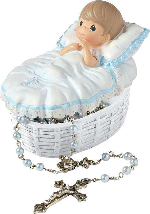 Precious Moments Baptism Gift, Boy's Resin Rosary Box, Hand-Painted Details, Perfect Keepsake