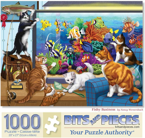 1000 Piece Jigsaw Puzzle for Adults - Fishy Business by Nancy Wernersbach - 20" x 27" - 1000 pc Cats Kittens