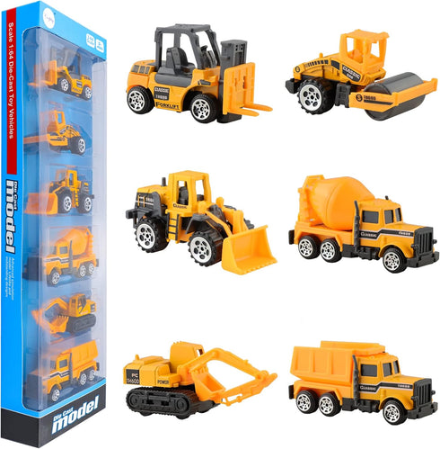 BenRich 6 Pcs Mini Die Cast Car Set - 1/64 Scale Alloy Construction Trucks for Kids Birthday or Xmas Present