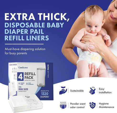 4 Pack Comficove Refills Compatible with DEKOR MINI Diaper Pails | | Extra Thick Diaper Pail Refill Liners | Fresh