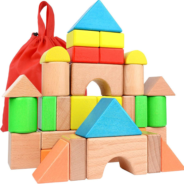 Large Wooden Building Blocks Set - Educational Preschool Learning Toys with Carrying Bag for Toddler Gifts 3+ Year Old