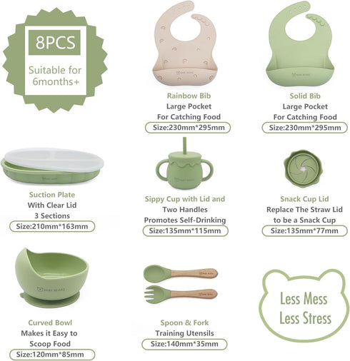 Silicone Baby Feeding Set 6+ Months, Baby Led Weaning Utensils with Suction Bowl, Plate, Spoon, Fork, Snack Cup
