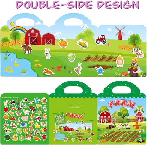 Reusable Sticker Books for Kids, Travel Removable Toddler Farm Sticker Books for 3-5 Year Old Birthday Gifts