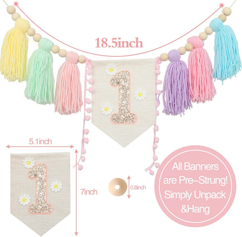 Daisy1st 1st JUIIZAY Baby First Birthday Party Decorations Macaron High Chair Banner Crown Cake Topper Birthday