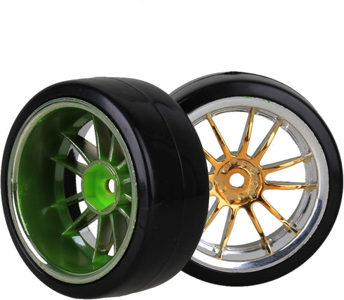 Mxfans 4PCS RC1/10 On Road Car Drift Tires & Plastic Plating Golden 12-Spoke Wheel Rims