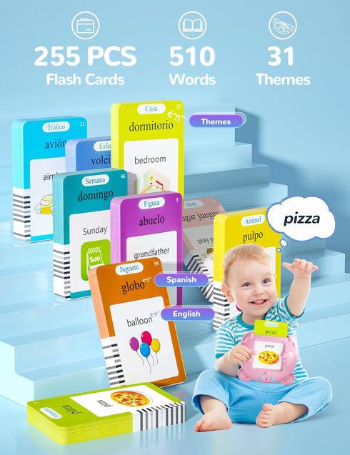 Spanish & English Talking Flash Cards for Toddlers, 510 Sight Words Bilingual Learning Toys for Children, Autism Sensory