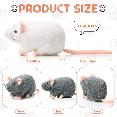 Honoson 8 Pcs Rat Plush Mouse Stuffed Animal, 7 Inch Fake Rat Toys, Cuddly Realistic Plushies for Birthday Halloween