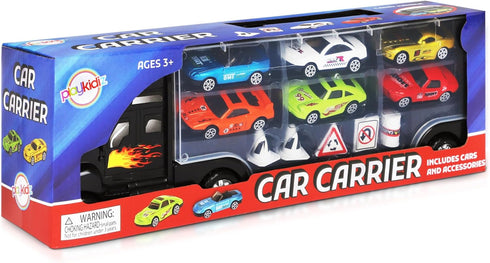 6 12 Playkidiz Car Carrier Toy Trucks for Kids - Car Transporter Toys Truck Includes Toy Cars and Accessories - Toy Car