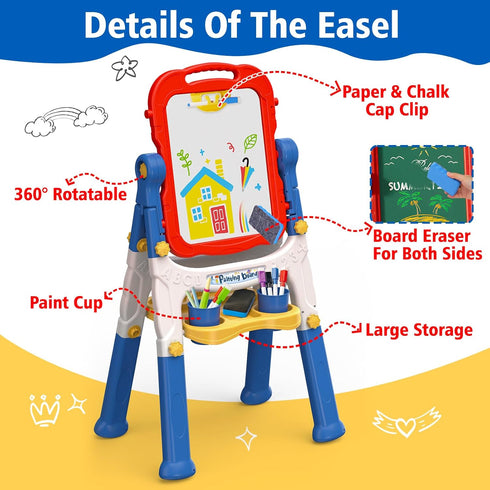 2-4 2 3 4 Kids Easel for Toddlers Age Art Magnetic White Board & Chalkboard Double Side Adjustable Stand Drawing