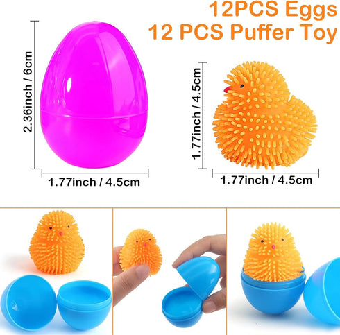 12 Pack Easter Eggs Filled with LED Chick Puffer Balls, Easter Basket Fillers with Light Up Stress Relief Fidget Toys