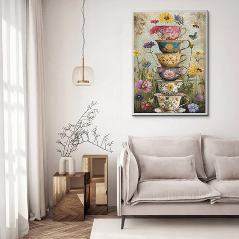 PPuzzling 1000 Vintage Flower Cup Puzzle for Adults Pieces, Nature Challenging Spring Floral Plant Puzzles, Retro Cups