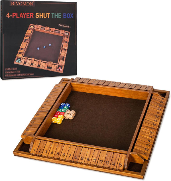 Upgraded Shut The Box Dice Game - 16.54’’ Wooden Board Math Game with 15 Numbers for 1-4 Players, 16 Dices