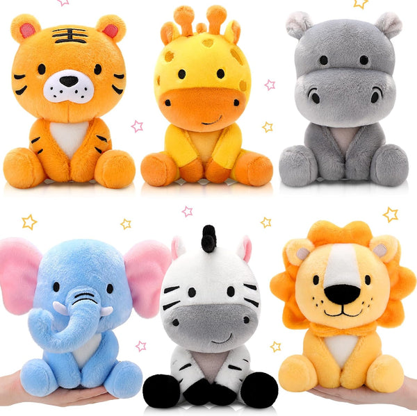6 Pcs Small Stuffed Safari Animals, 7 Inch Plush Jungle Toys - Lion, Zebra, Giraffe, Tiger, Hippo, Elephant
